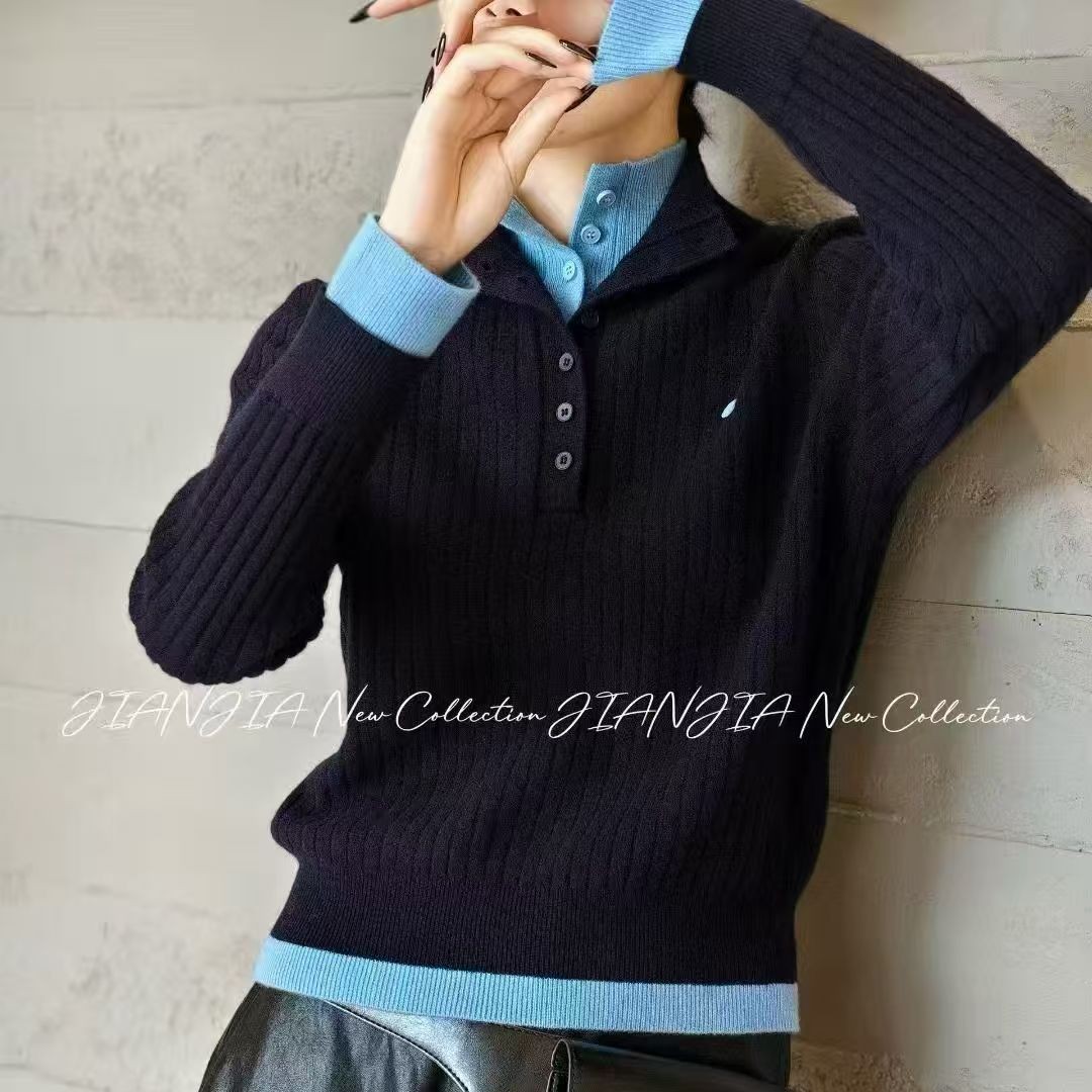 保暖衫薄款双色羊毛衫休闲常规秋冬女半开领针织
