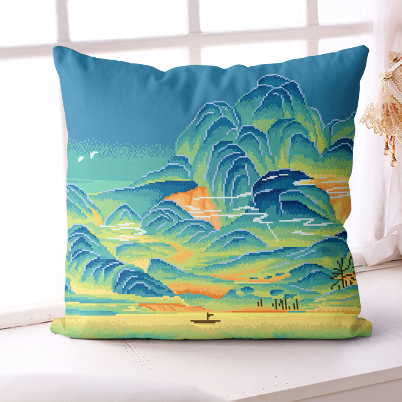 十字绣抱枕三面开口枕套2025新款线绣山水风景客厅卧室手工刺绣