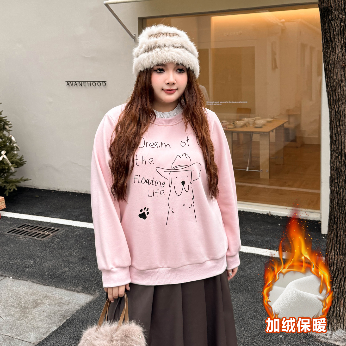 DD8757大码女装【甜美涂鸦卫衣】胖mm假两件木耳边拼接印花加绒上衣