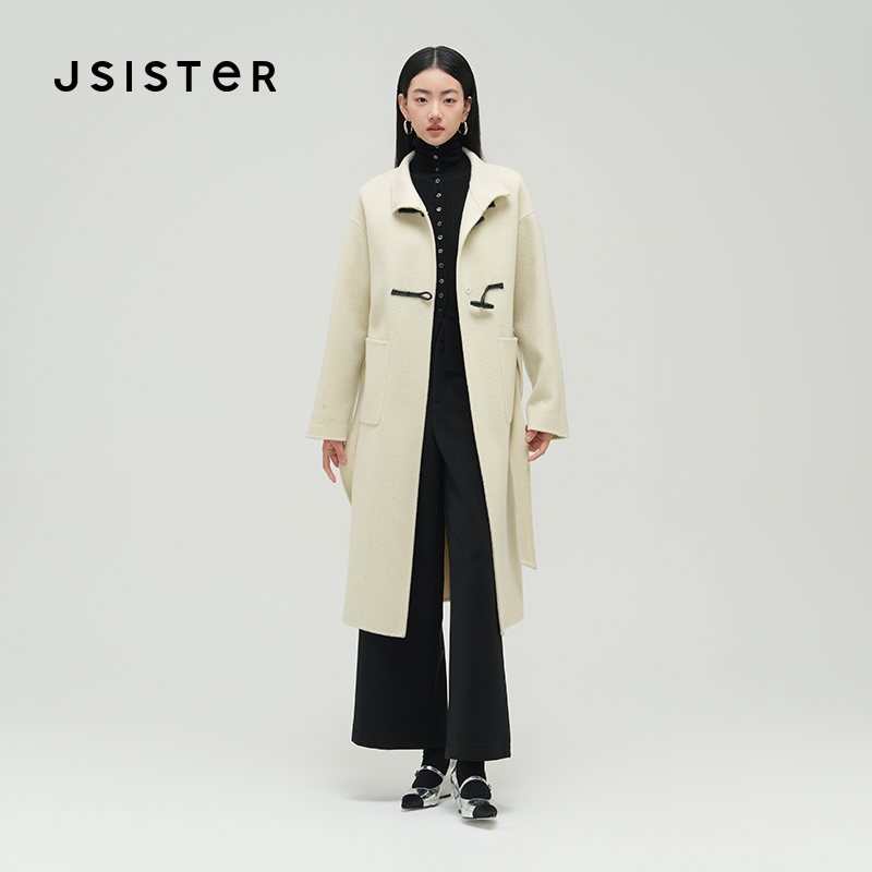 jsister 冬装新款 JS女装米色立领牛角扣大衣 S442205047