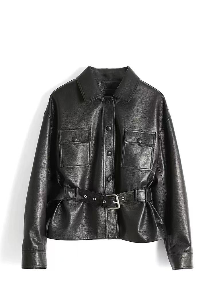 新款高端海宁酷飒机车夹克短款休闲腰带收腰外套2025款女皮衣