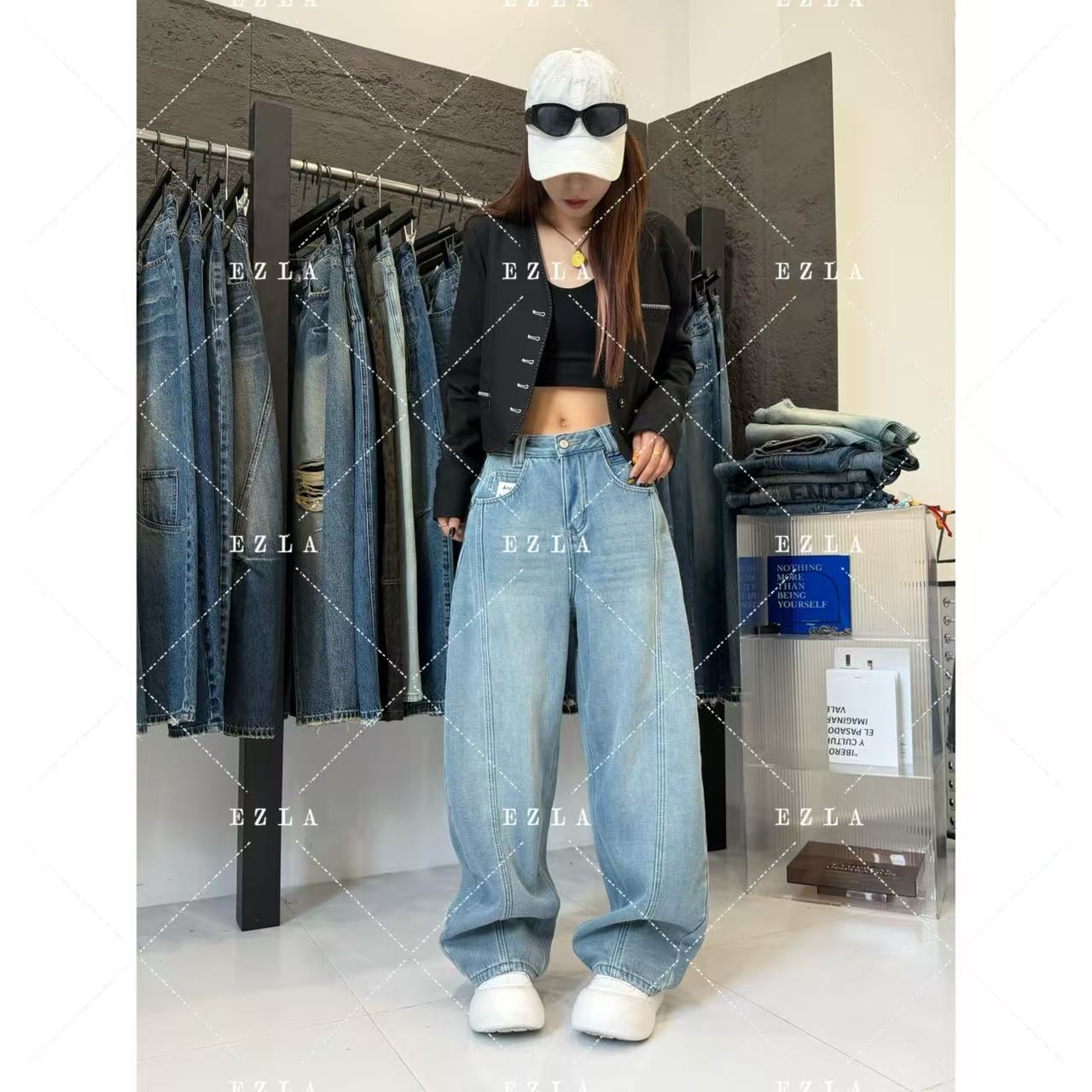 EZ8631新款2025弯刀裤小个子胖mm显瘦百搭宽松阔腿裤美式牛仔裤子