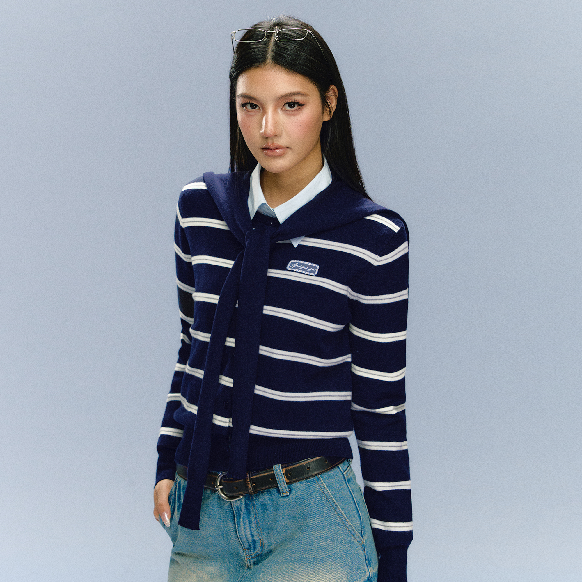 Ariseism 美式复古设计感海军风条纹针织衫女秋冬新款修身上衣