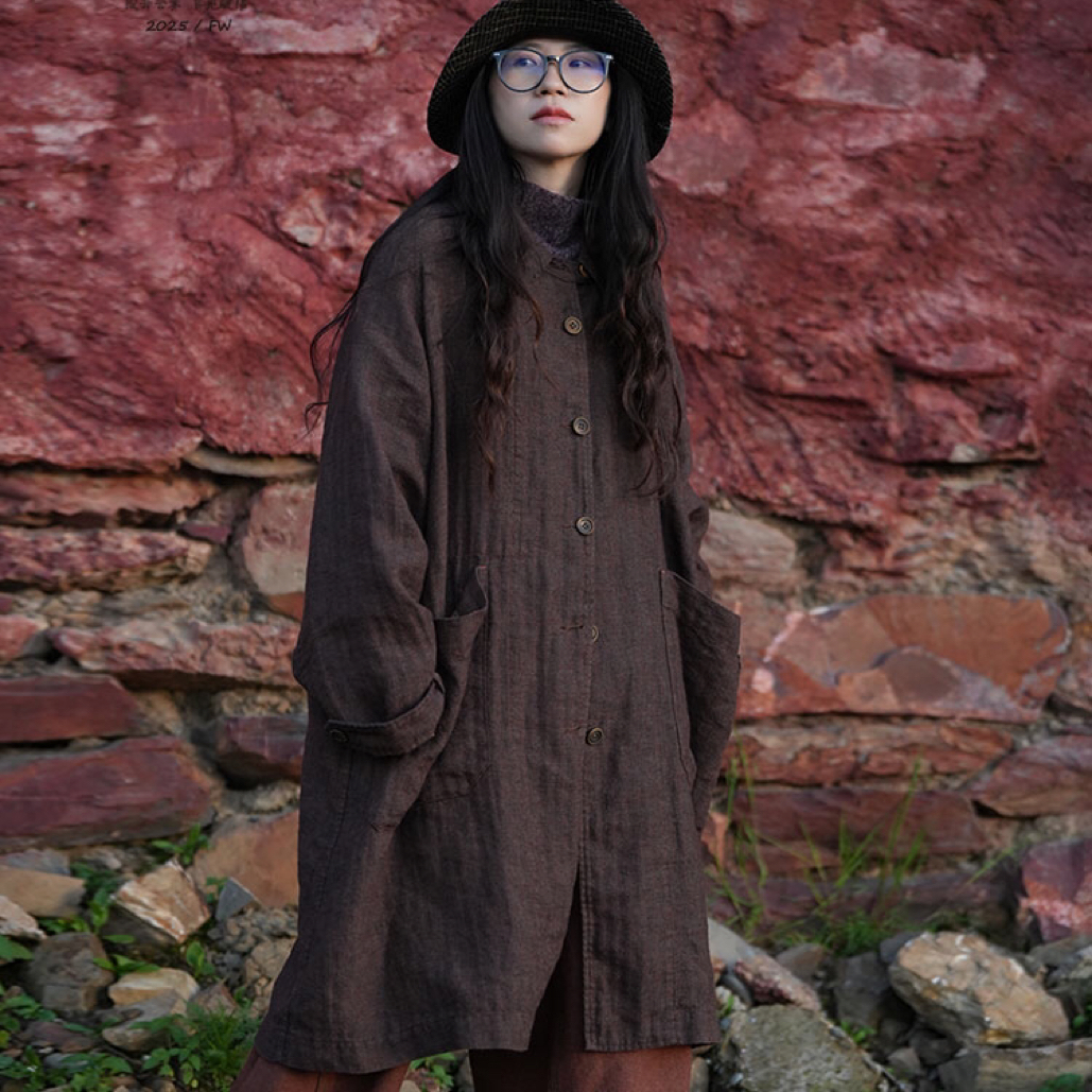 云雾里 6001#毛亚麻混纺原创复古率性宽松随性大气长外套秋