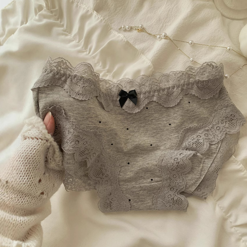 奶油波点~秋冬法式复古纯棉内裤女士低腰性感蕾丝边纯棉档三角裤