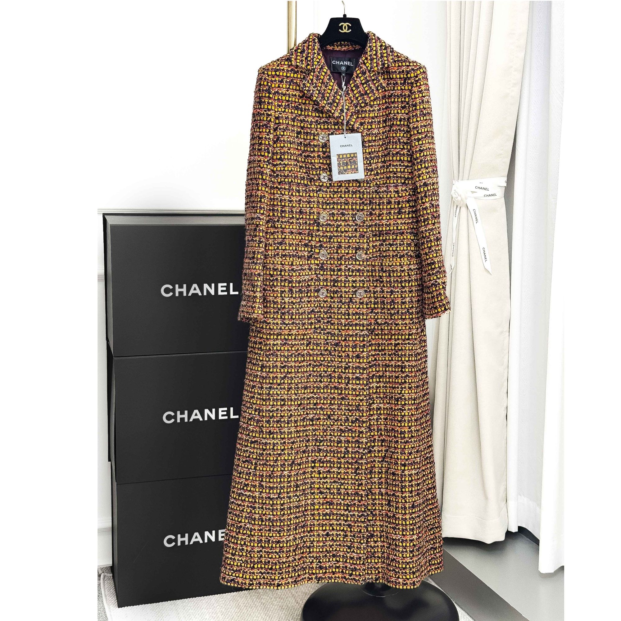 99新 Chanel/香奈儿 38码23A达喀尔系列黄色混色编织长款大衣 