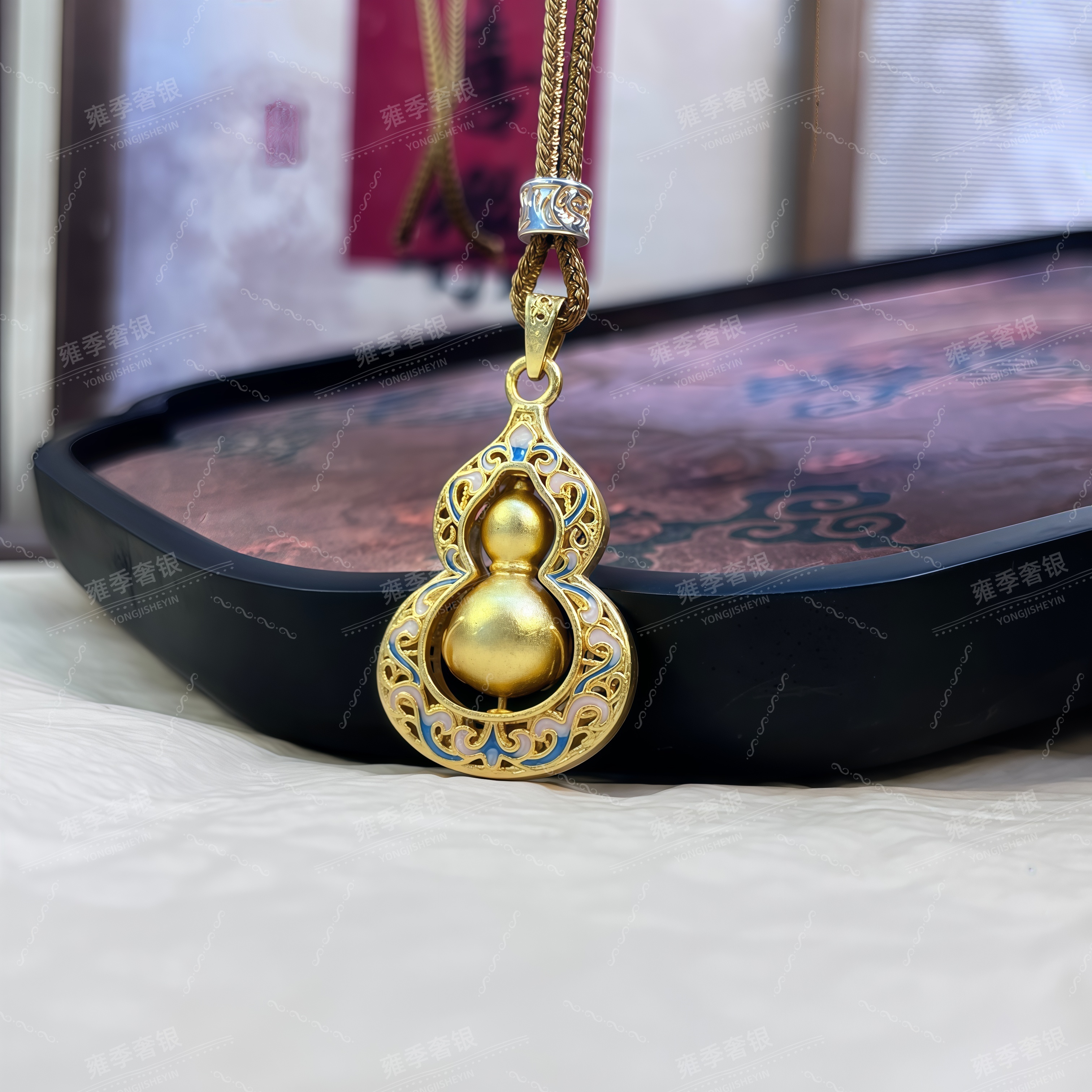 吊坠足银 【珐琅青蝶葫芦】足银吉祥福禄中式彩带可转动葫芦锁骨链