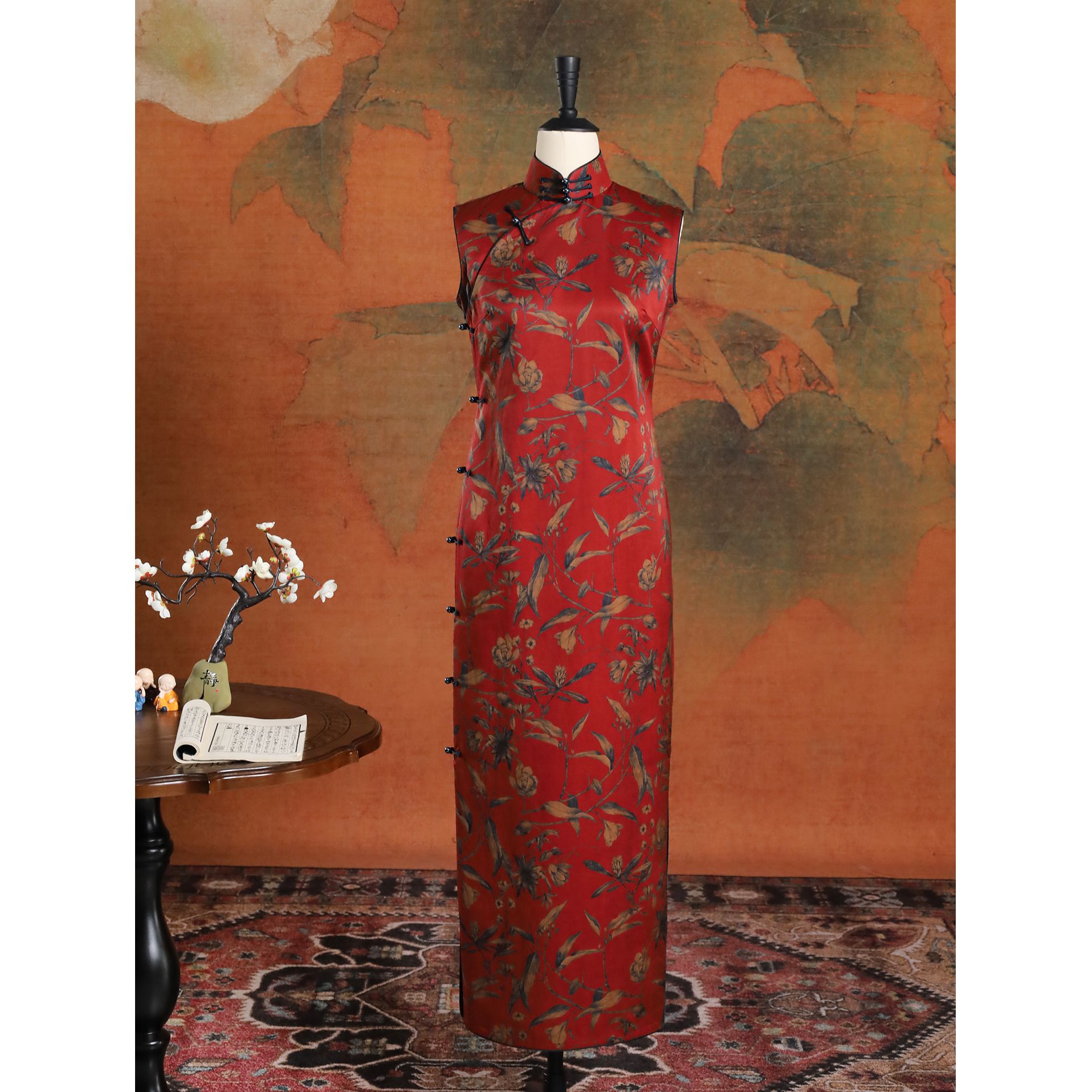 女神姑娘【思红颜】香云纱桑蚕丝无袖古法开襟长旗袍Q51112-5-30