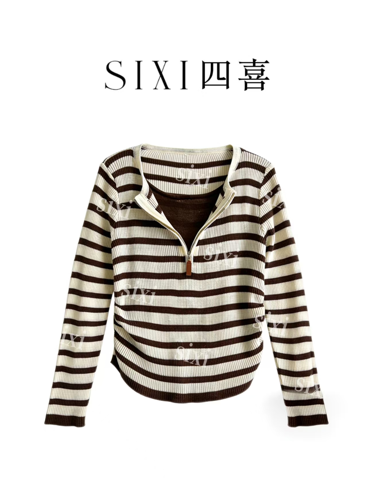 【2403】#SX-咖色条纹假两件长袖带拉链