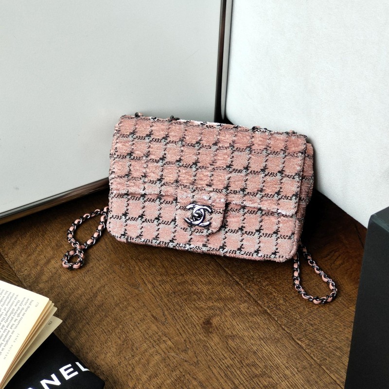 99新 Chanel/香奈儿 21B西柚粉珠片枪色链条CF大mini斜挎包52200