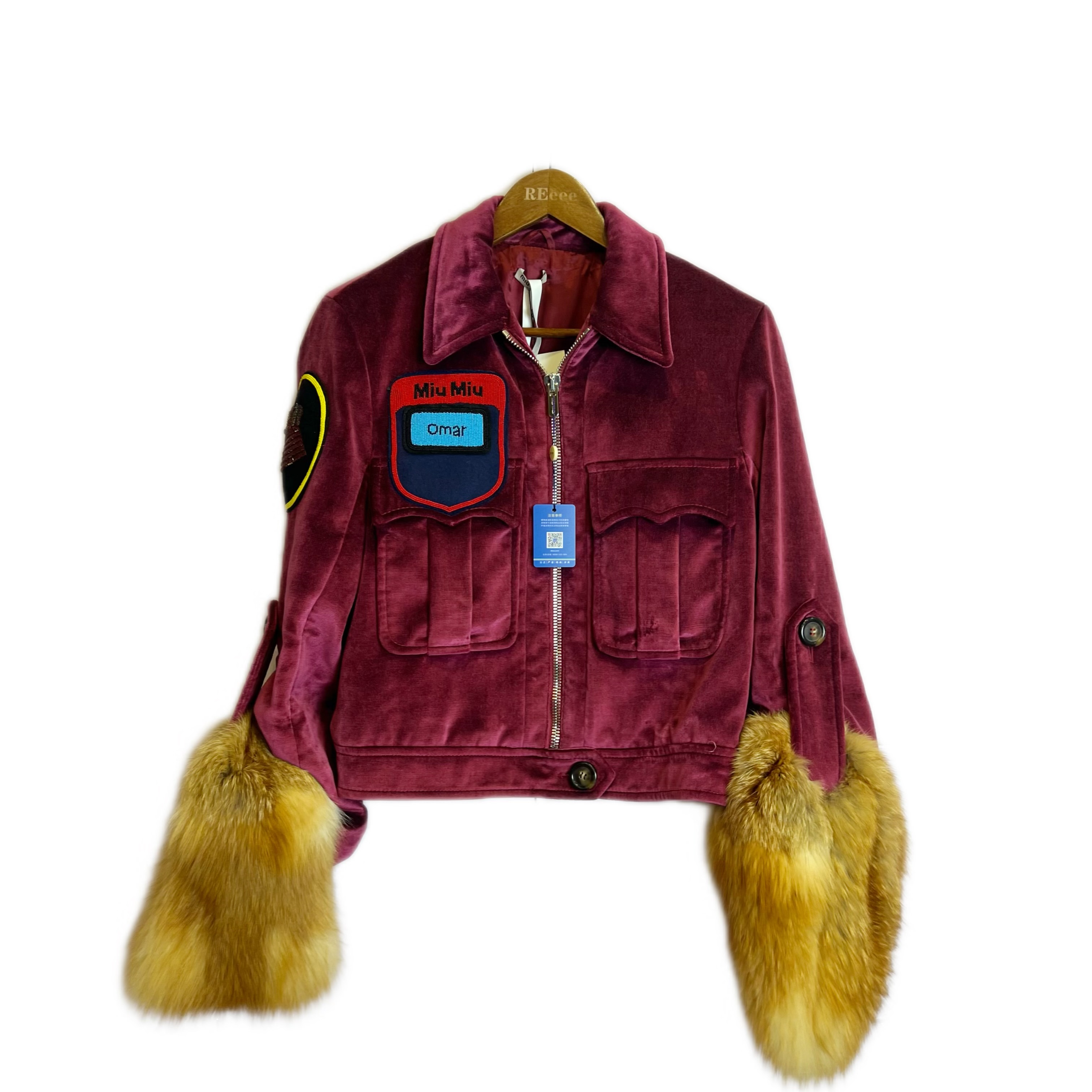 99新 MIU MIU/缪缪 02520 丝绒长袖Logo外套 38码 