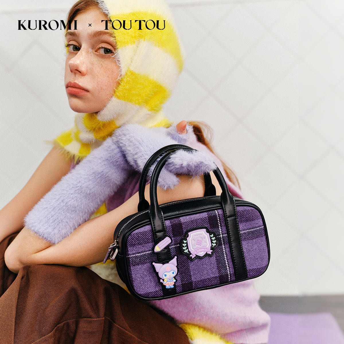TOUTOUkuromi库洛米格纹波士顿保龄球包可爱单肩斜挎包新年礼物女