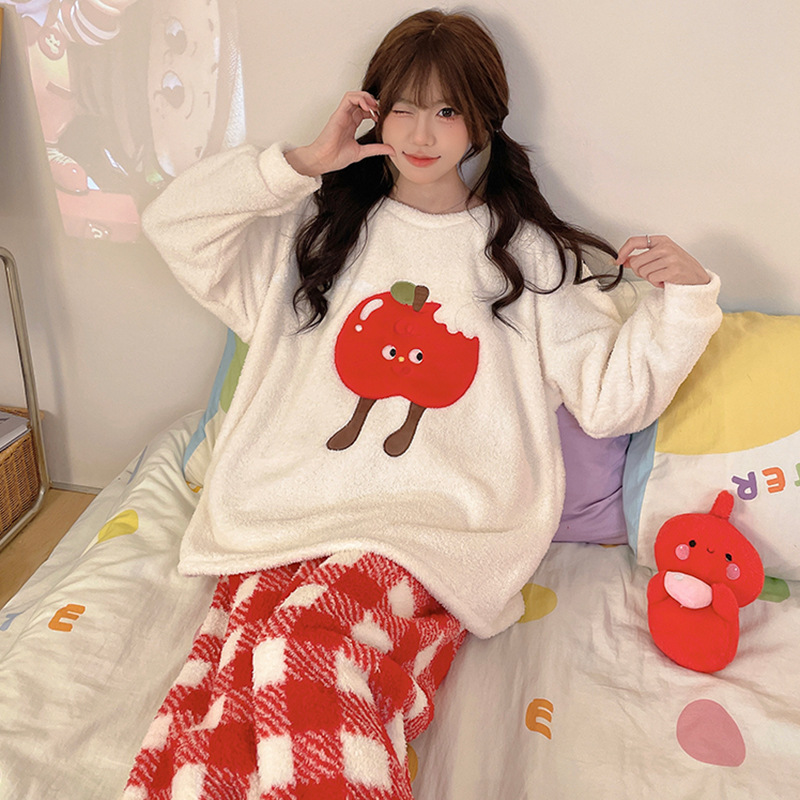 半边绒睡衣女冬季加厚套头加绒直播卡通女家居服