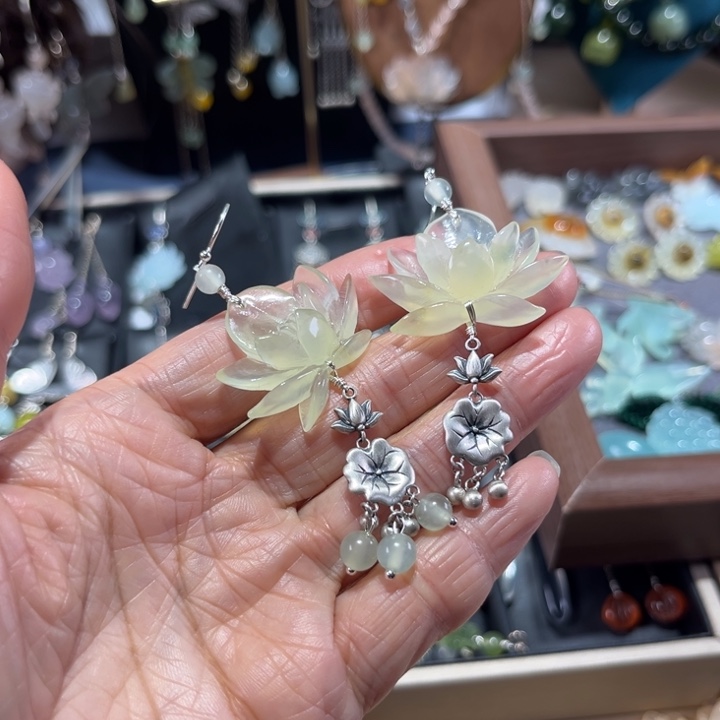 ꧁***꧂蛇纹石玉银S925镶嵌耳饰