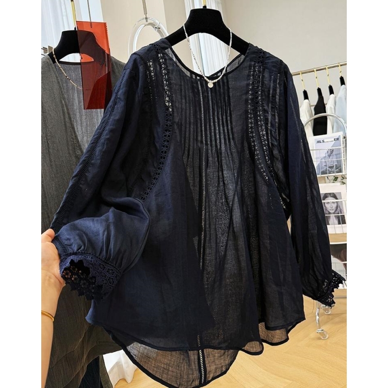 P0230高级感苎麻镂空蕾丝微透长袖衬衫女夏季气质小衫娃娃衫上衣