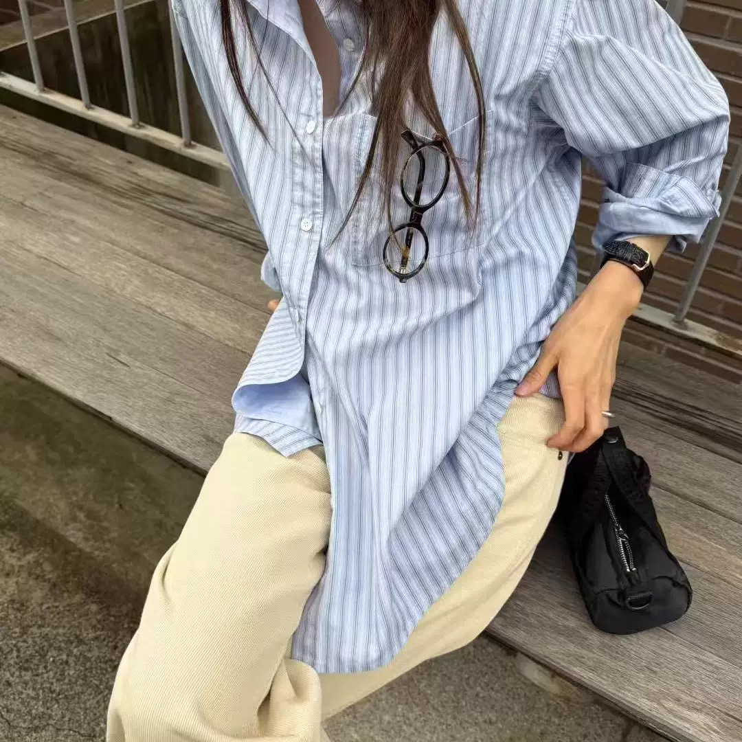 现~river韩国东大门代秋季时尚休闲翻领百搭条纹长袖衬衫女