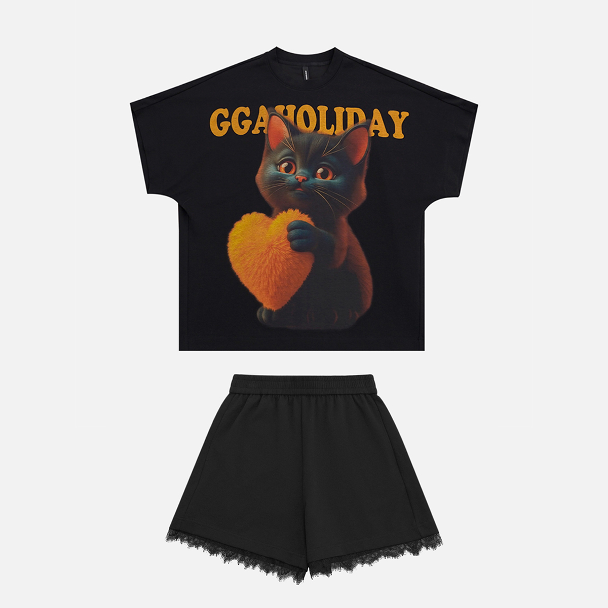 GGAHOLIDAY美式时尚休闲宽松复古潮流街头黑色短袖套装-153056/9