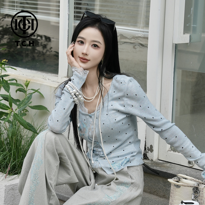 TCH现货私服烫钻工艺小象蕾丝拼接针织衫女T75A09E5056轻奢tch