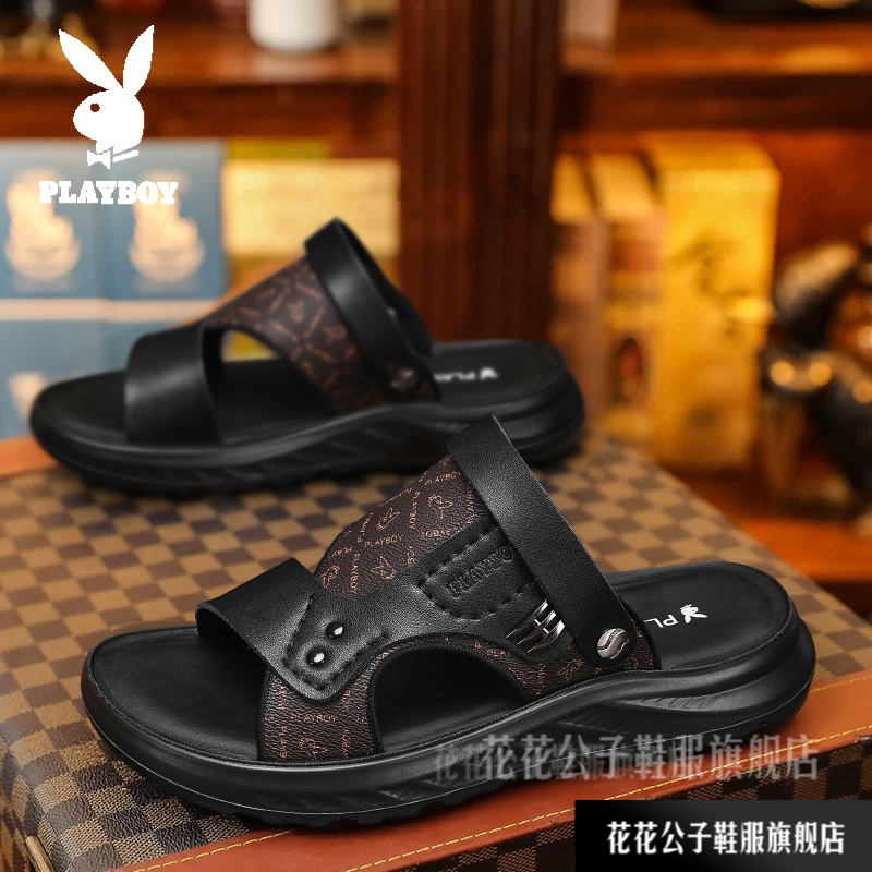 花花公子真皮凉鞋夏季百搭软底沙滩鞋外穿爸爸男士防滑开车凉拖鞋