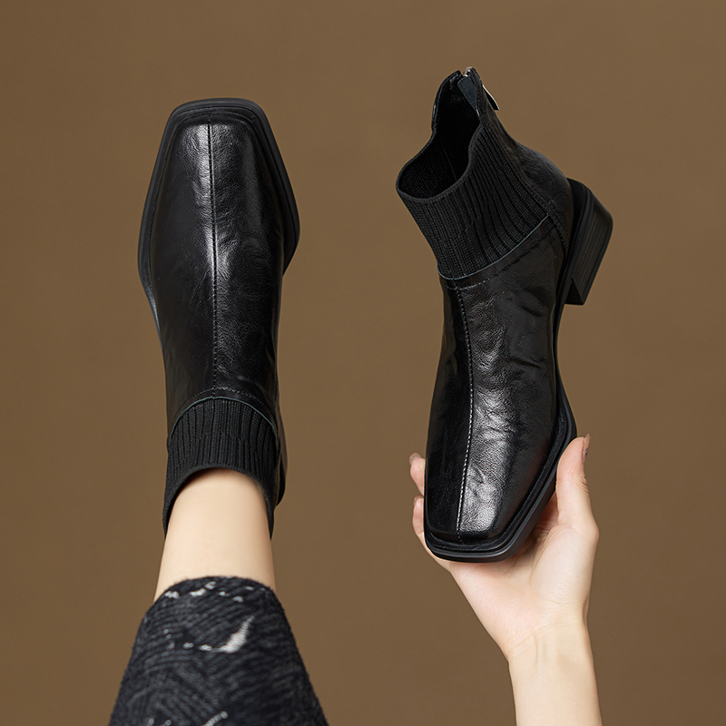 新款真皮短靴方头马丁靴单靴时装女靴羊皮百搭粗跟弹力女靴1844