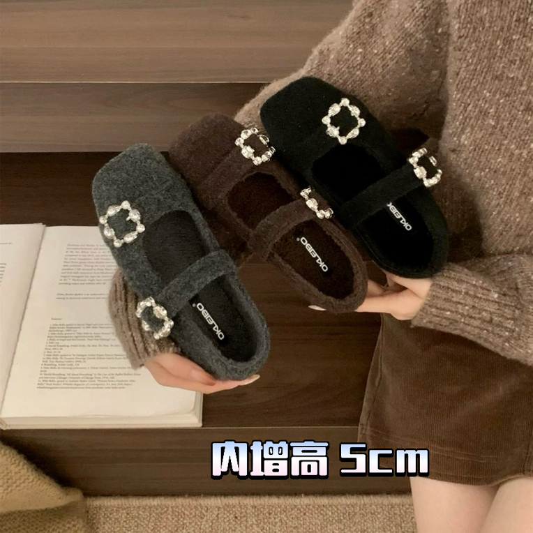 5cm！甜酷辣妹水钻浅口毛毛鞋玛丽珍女鞋内增高芭蕾舞鞋