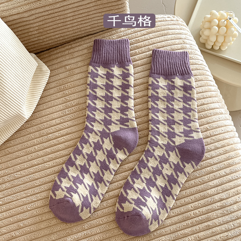 20紫色袜子女秋冬款加绒加厚中筒女袜毛圈中筒袜