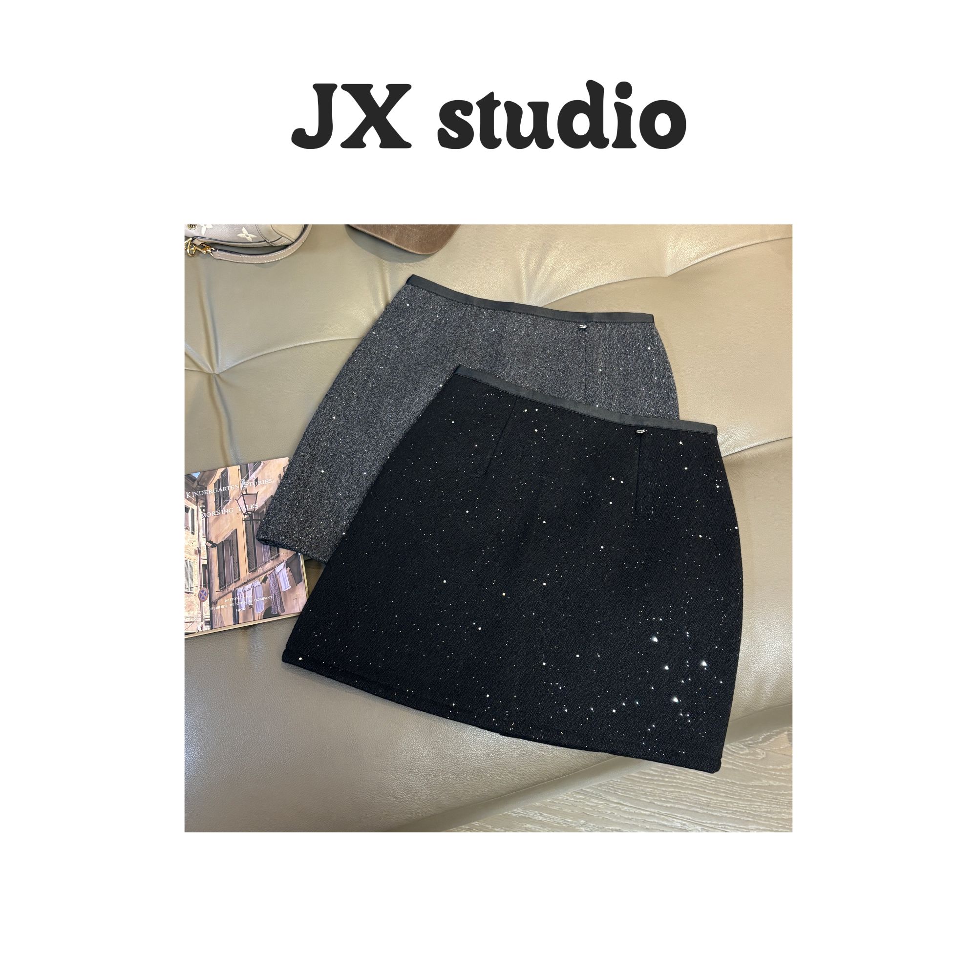 静贤【亮片裙】新款韩版百搭气质显瘦亮片羊毛呢料裙