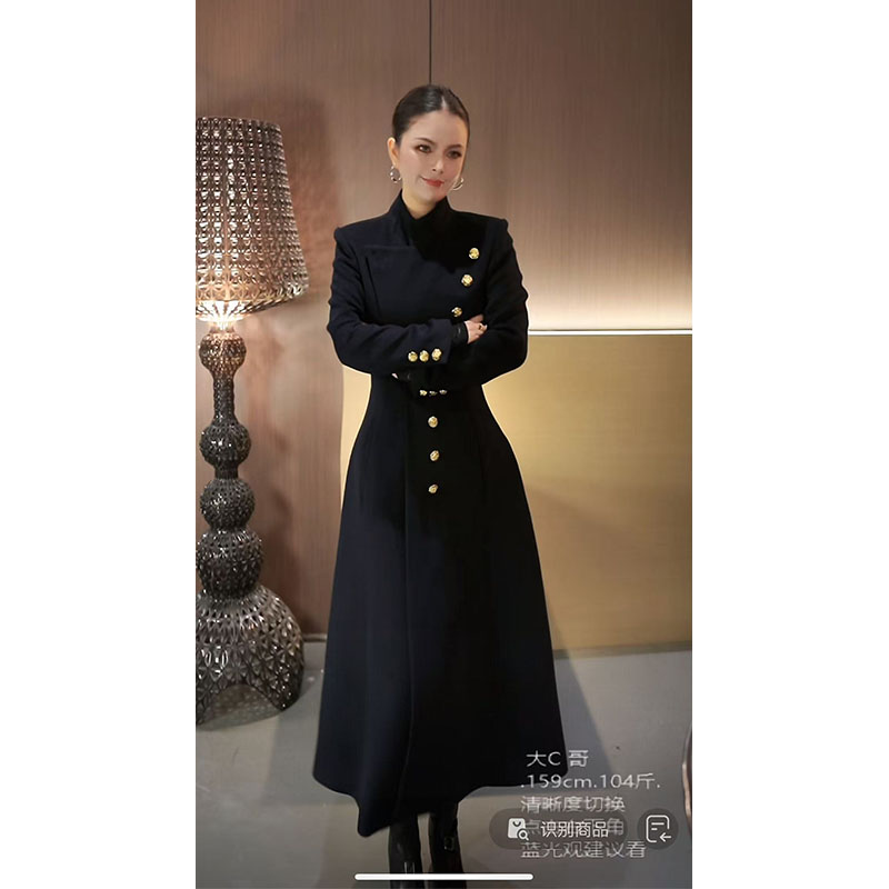 立领拼接一排扣中长款毛呢外套WT31198