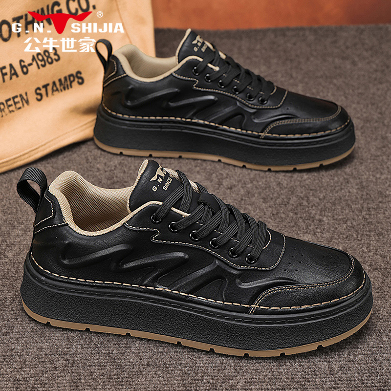公牛世家鞋子男款秋季新款厚底增高皮鞋低帮软面休闲男士百搭板鞋