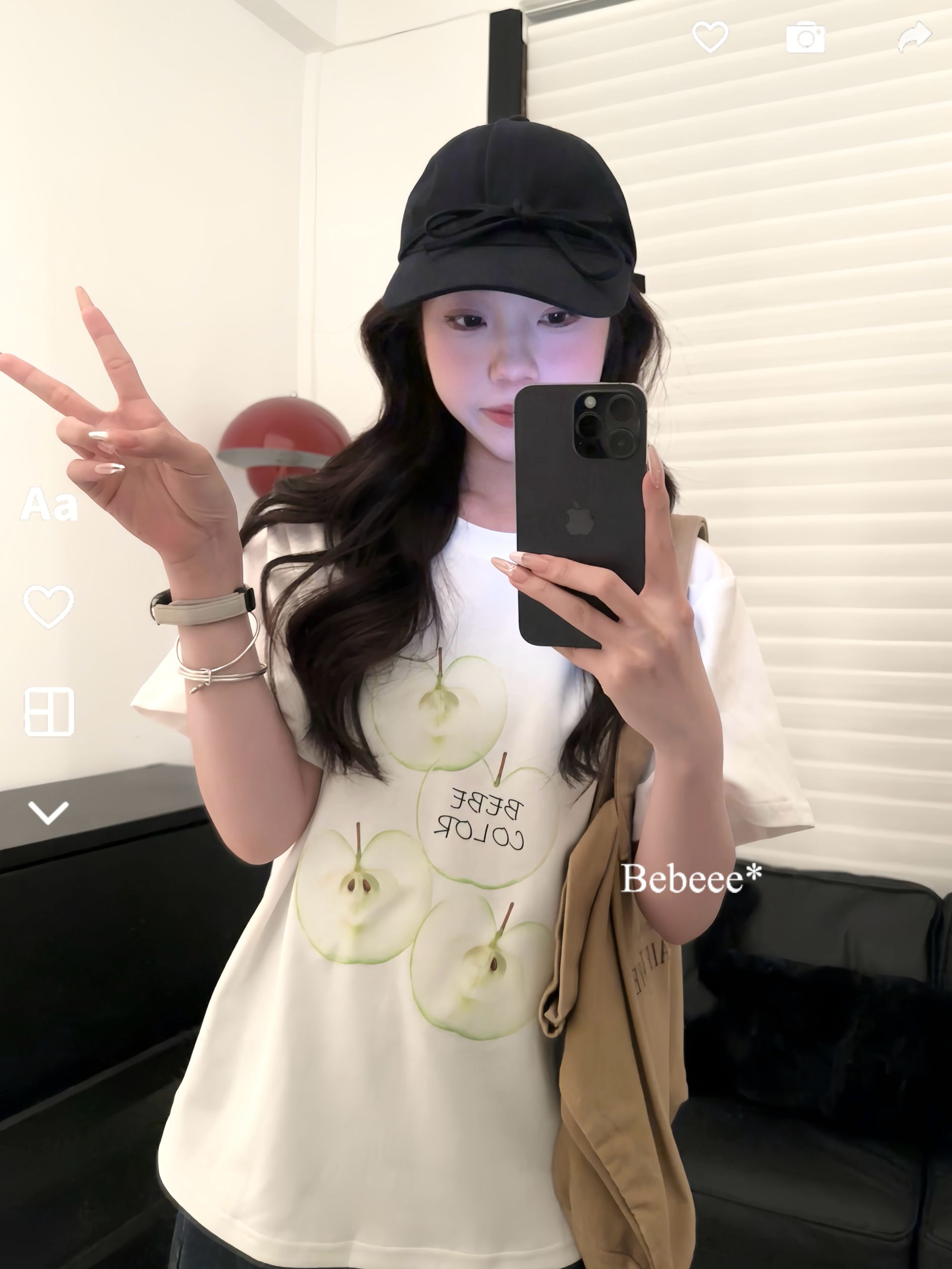 BèBè 夏季韩系白色短袖青苹果印花ins风小众圆领上衣女宽松显瘦