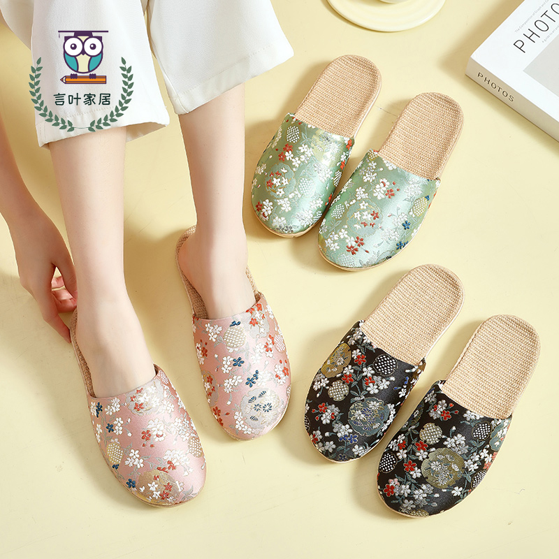 新款夏季时尚优雅国风刺绣亚麻拖鞋女防滑居家室内凉托鞋可外穿