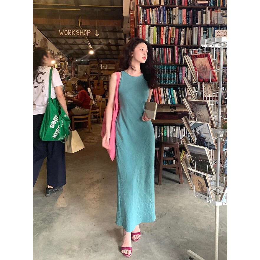 【淼】【醉合意法式纯色无袖长款开衩连衣裙