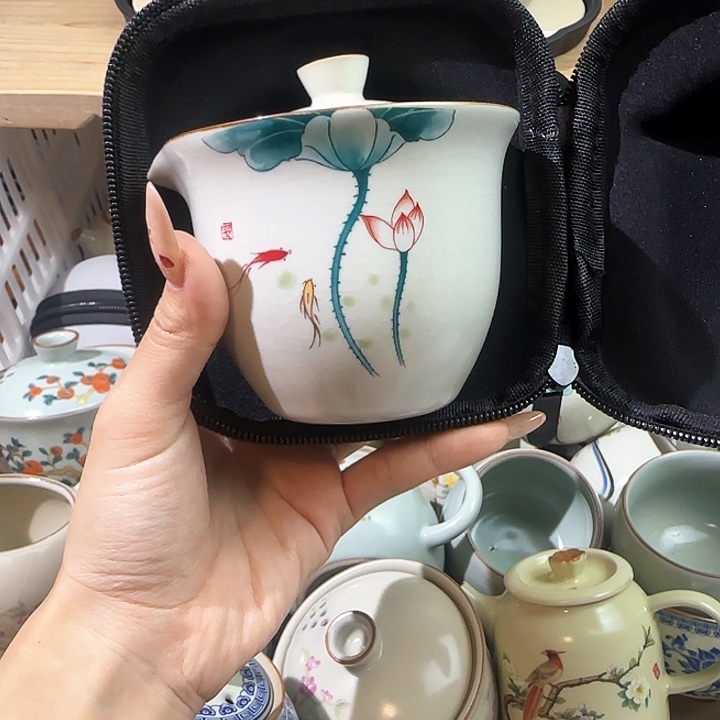 汝窑开片荷叶手抓壶一壶二杯带包