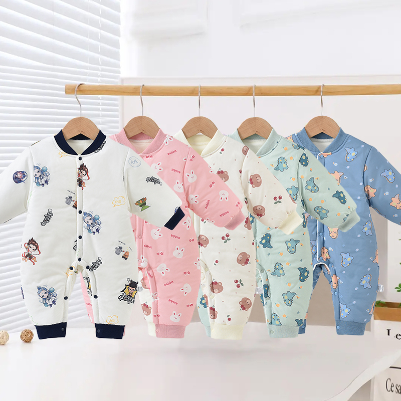 婴儿夹棉连体衣保暖薄棉服哈衣秋冬季男女宝宝衣服贴身睡衣