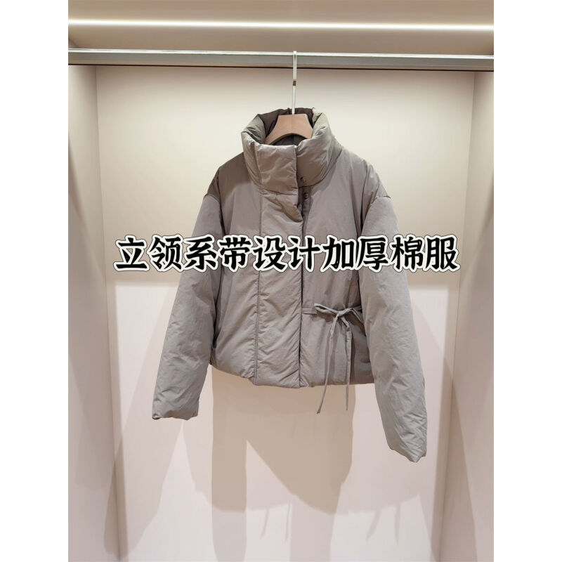 系带设计立领落肩宽松短款保暖棉服外套女