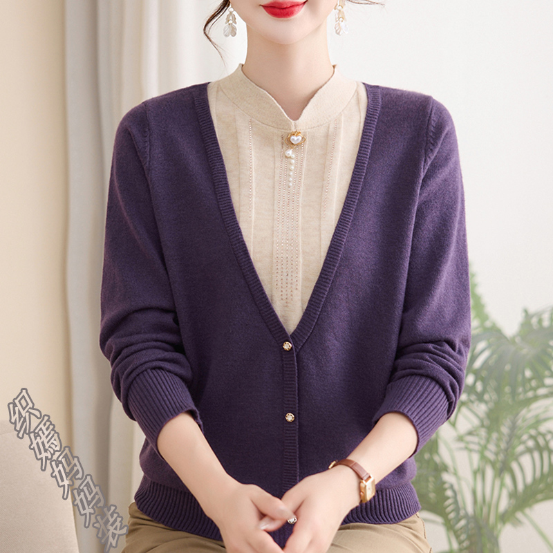 妈妈秋装假两件时尚针织上衣2025新款中老年女装宽松显瘦打底衫