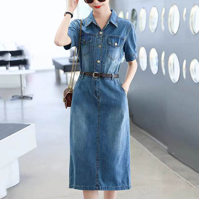 （女装）0721 时尚气质收腰显瘦翻领短袖牛仔连衣裙（腰带随机