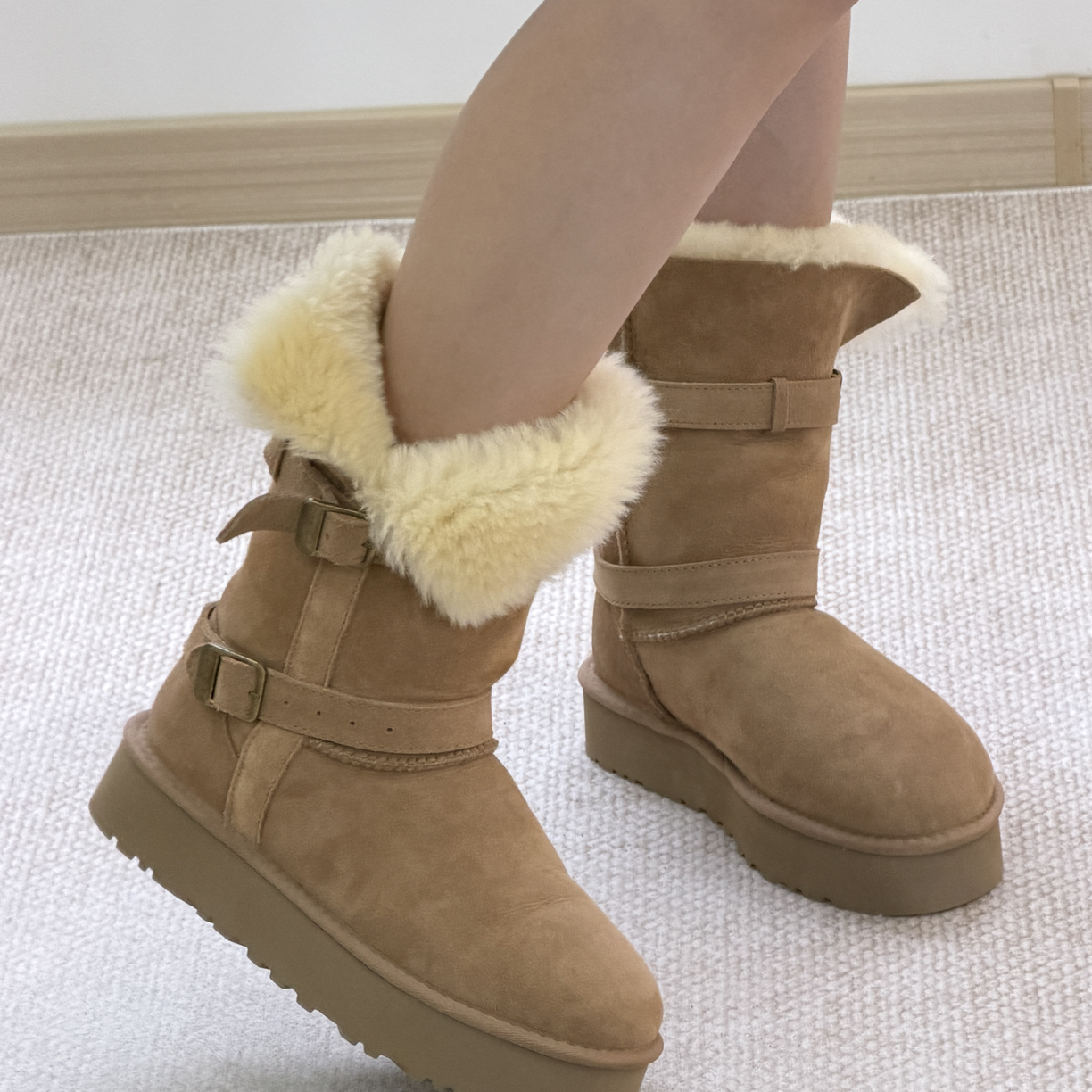 【无标厚底中筒骑士】桑坡村羊皮毛一体保暖雪地靴真皮冬季女士百搭