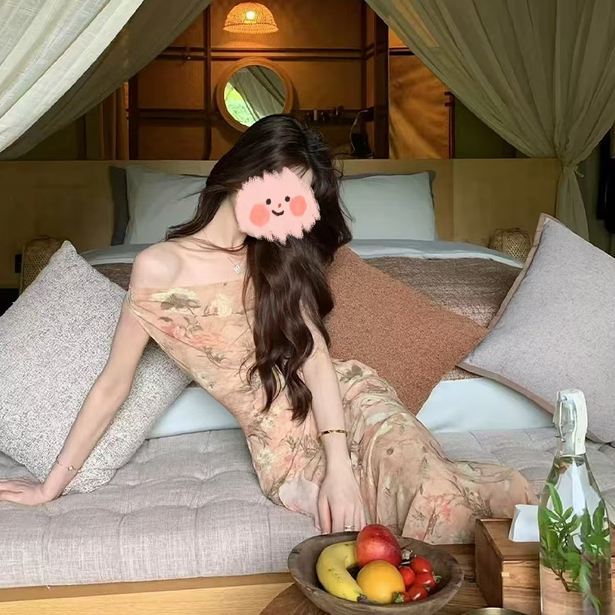 【花红柳绿】小众气质感雪纺印花连衣裙一字肩气质长裙女ZWY032