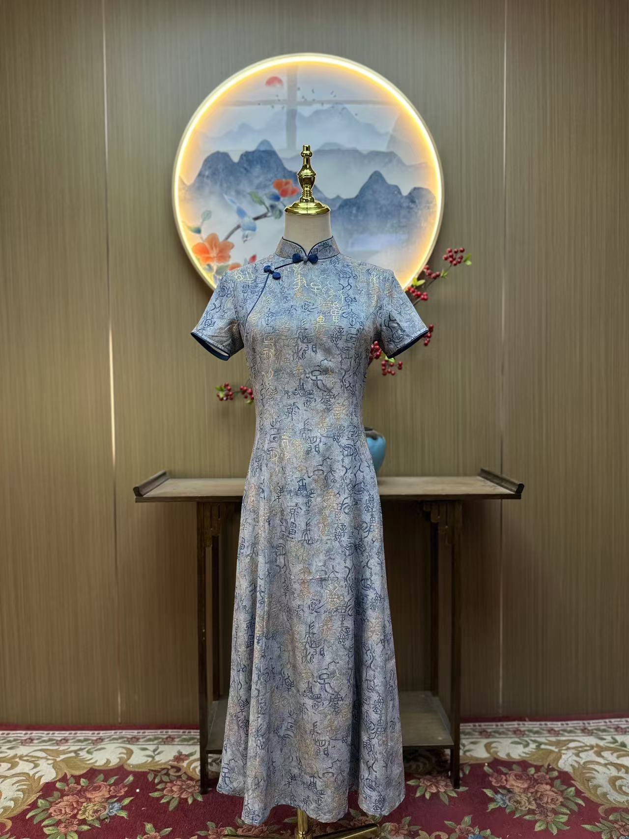 甲骨文蓝 日常气质文艺国风优雅长款奥黛改良旗袍