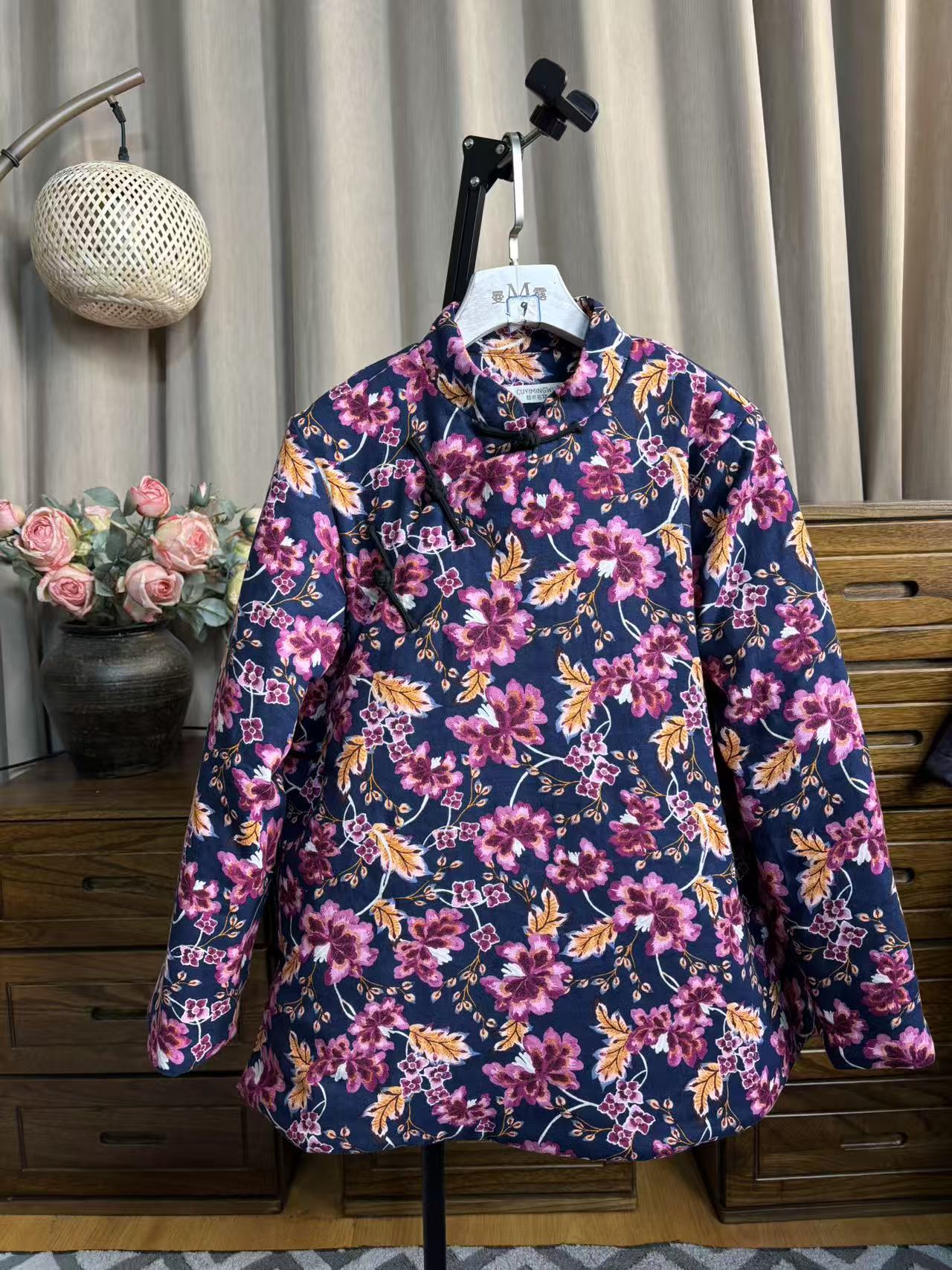 中式复古亚麻大襟盘扣长袖棉服禅意立领斜襟旗袍款