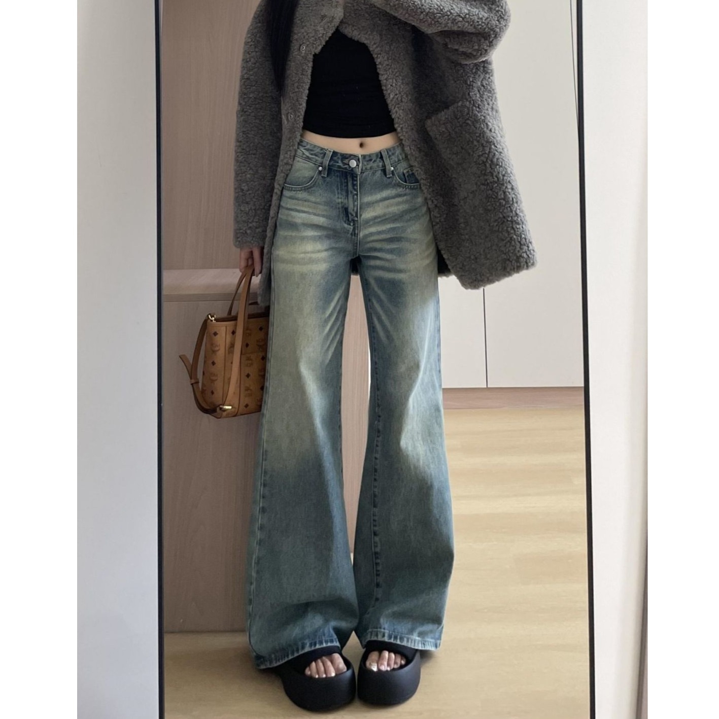 高个子加长美式复古不贴腿微喇牛仔裤女宽松显瘦直筒拖地喇叭裤子