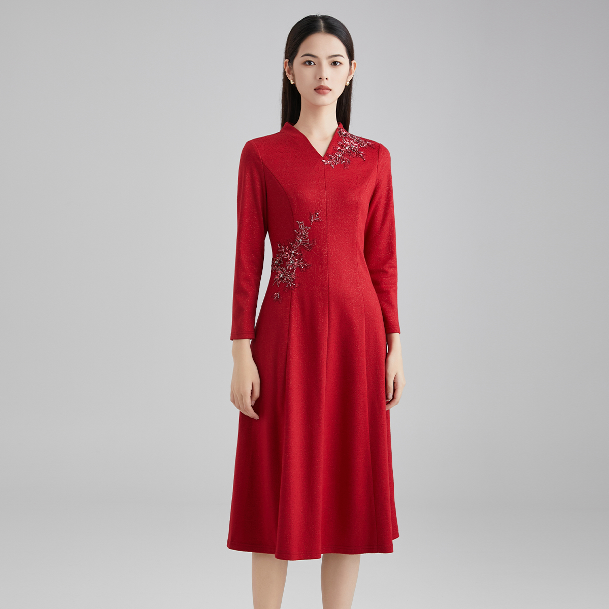 MY TENO/马天奴VHA991妈妈装气质长袖高贵中老年红色婚宴连衣裙