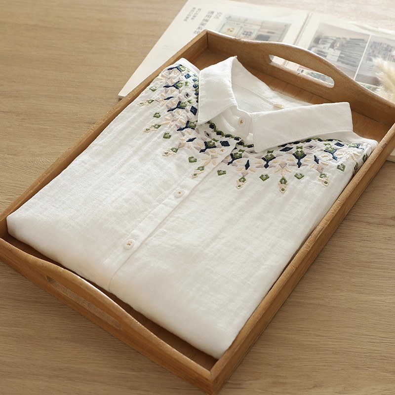 白衬衫 文艺小清新双层棉纱柔软女长袖宽松休闲打底上衣