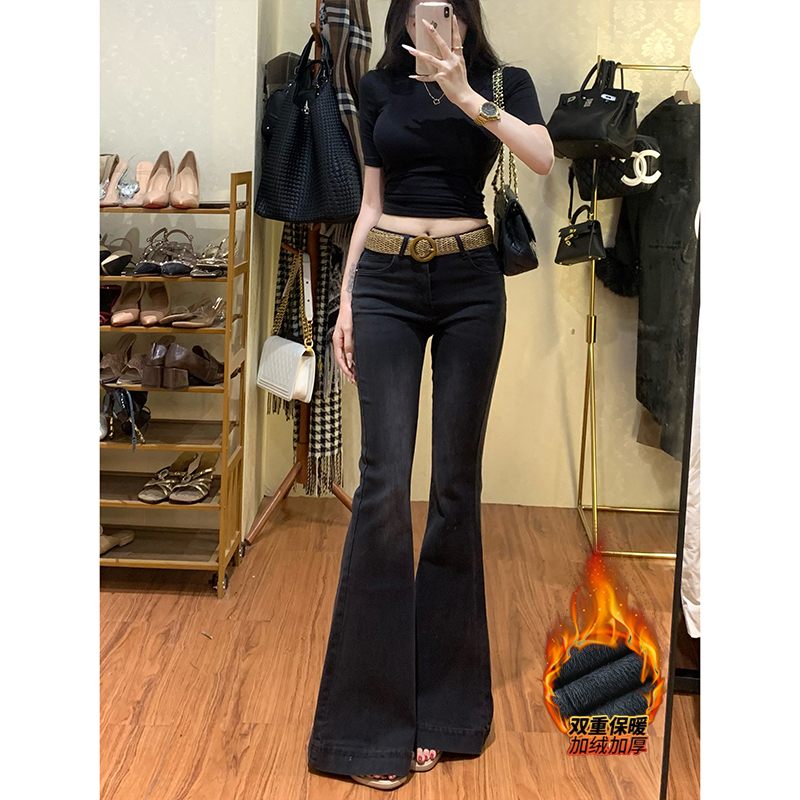 纯欲黑灰弹力加绒微喇牛仔裤女2025年冬季高腰显瘦腿精鱼尾喇叭裤