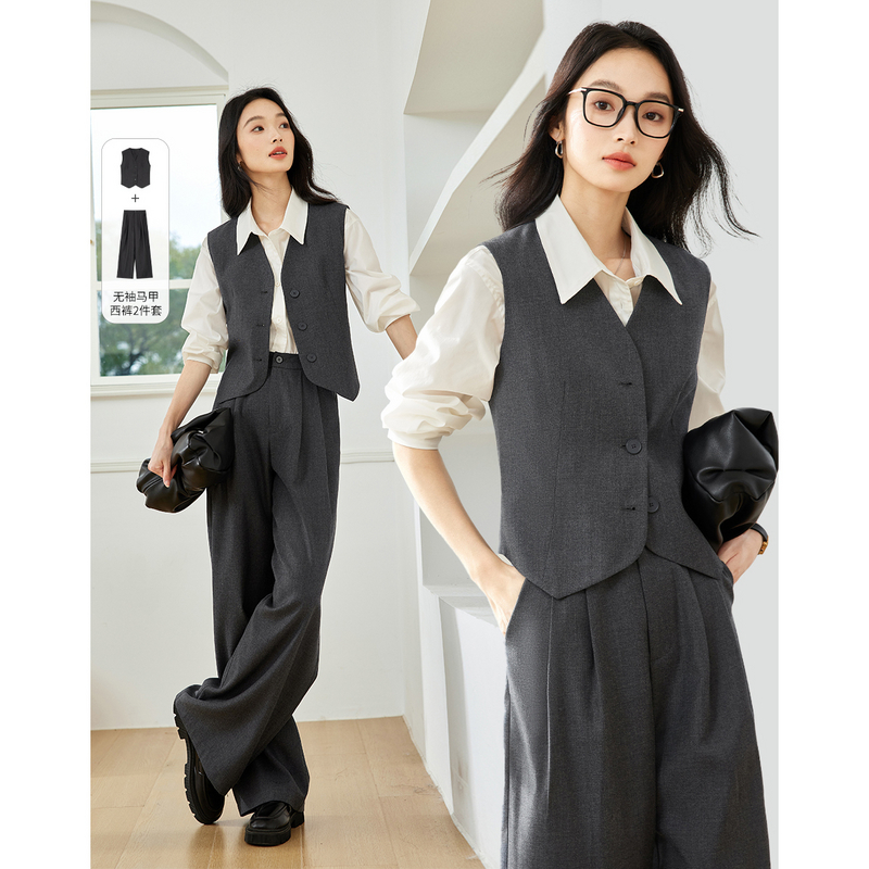 *梵希蔓洋气通勤套装女无袖马甲上衣西装裤子两件套M8599