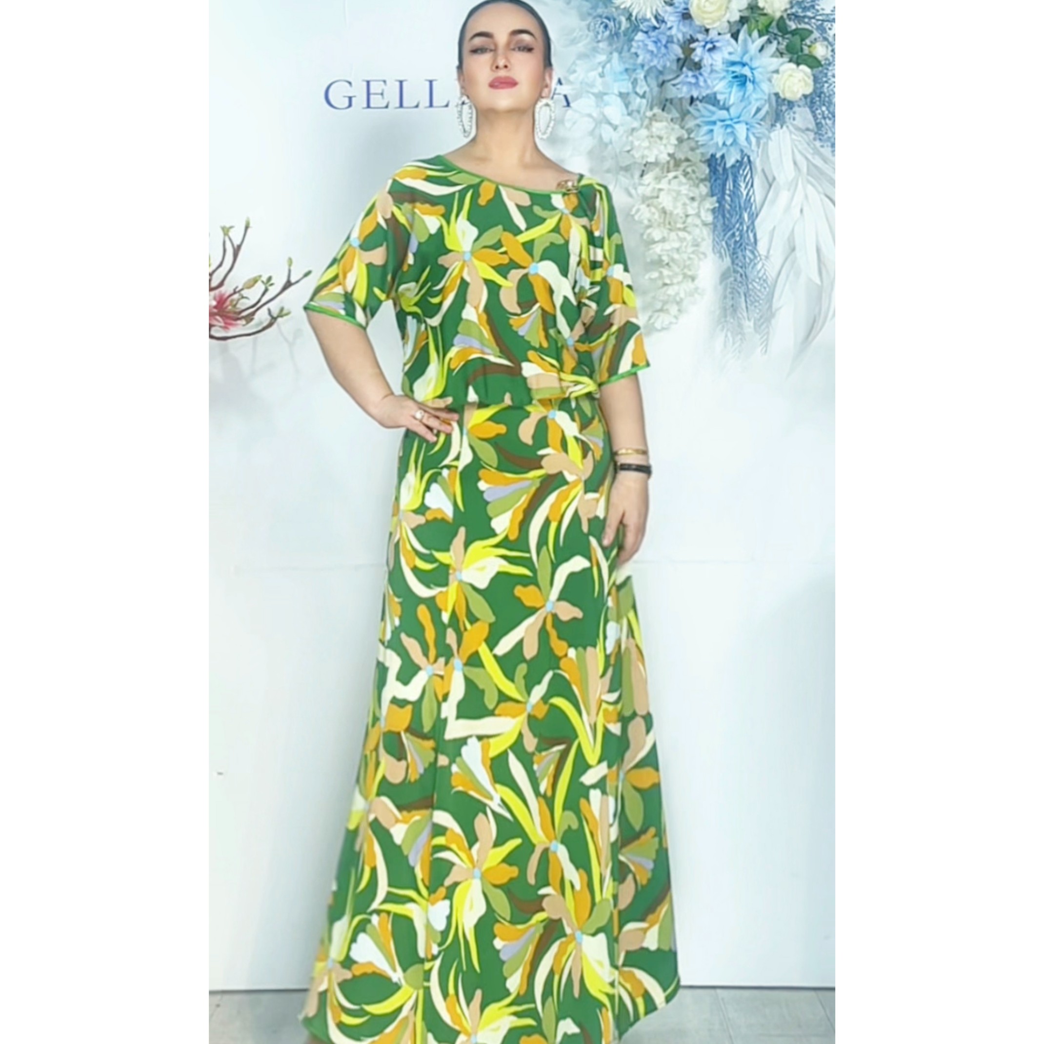 [GELLINNA女装]花纹绿色女款/M-5XL/上衣时尚长款中式