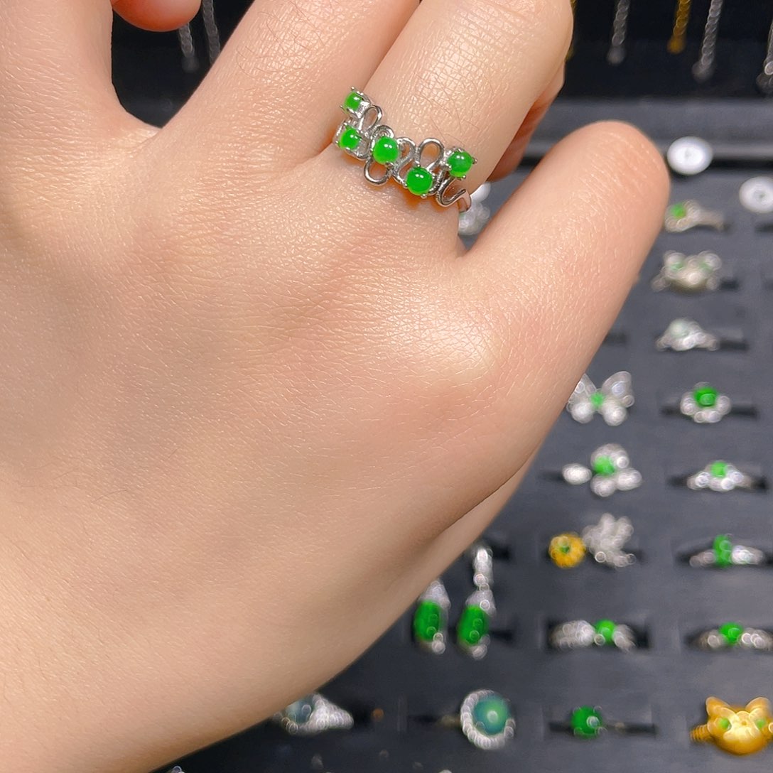 翡翠戒指银S925镀金镶嵌戒指