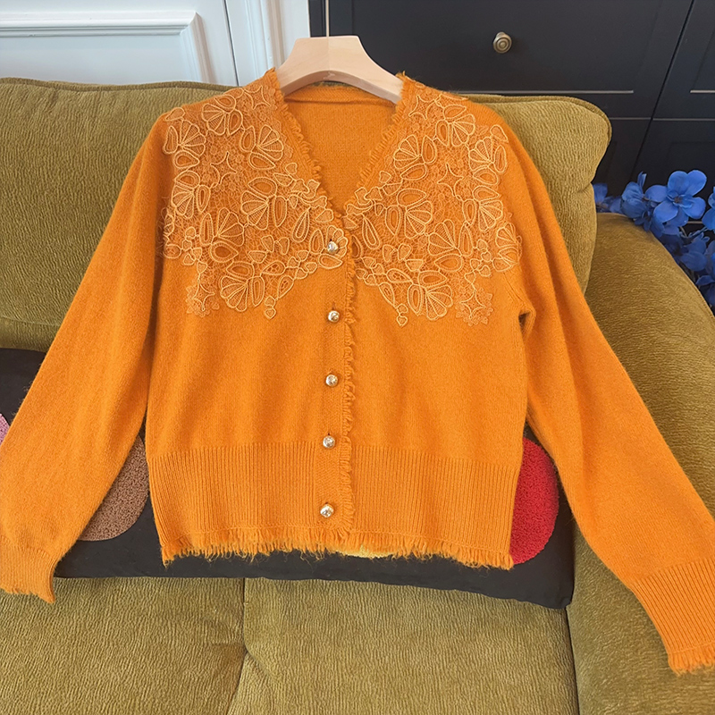 115MS4286慵懒风蕾丝毛衣女气质小众针织开衫流苏花边减龄针织衫