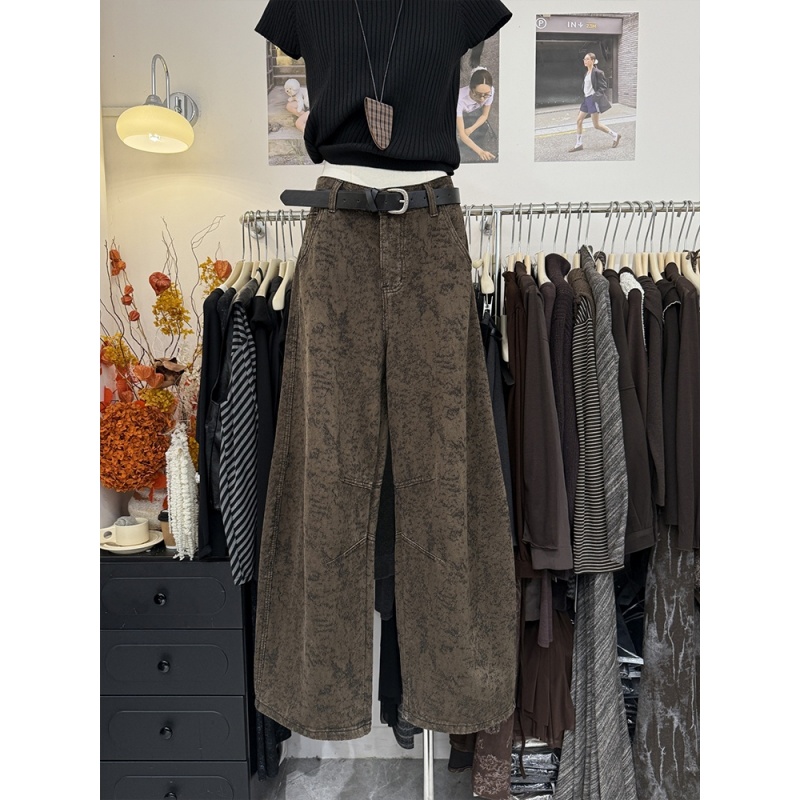 美式复古提花牛仔裤女秋冬2025新款设计感小众高腰宽松弯刀阔腿裤